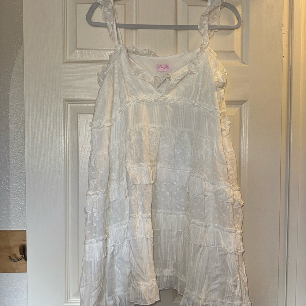 Pink Lily Elegant White Ruffle Dress